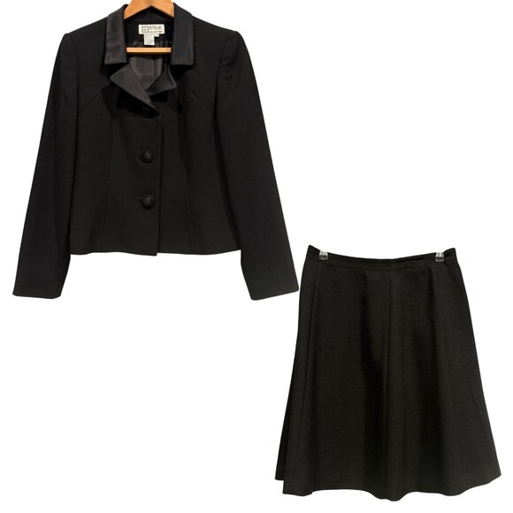 VTG Y2K Atrium 2 Piece Black Skirt Suit Satin Collar Career Whimsigoth Size 8 - Picture 1 of 16